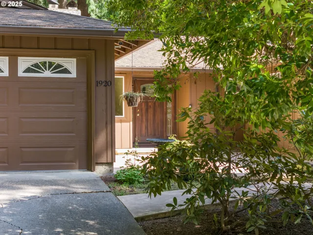 a backyard of a house with plants and trees