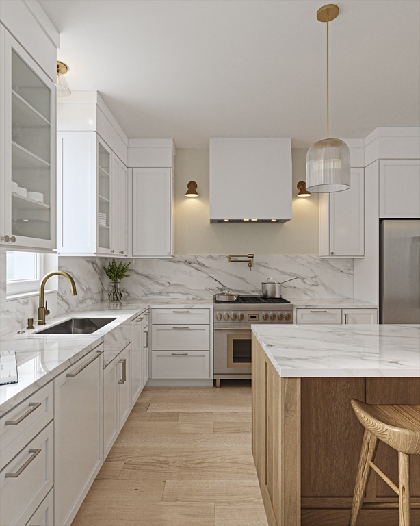 29 R Ashland Street, Unit 29R Boston, MA 02122 - Photo 3 of 22 a kitchen with granite countertop a sink stove and refrigerator