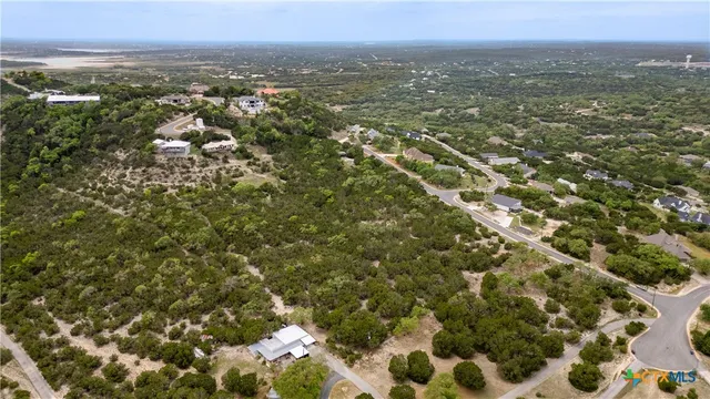 an aerial view of residential houses with outdoor space and trees