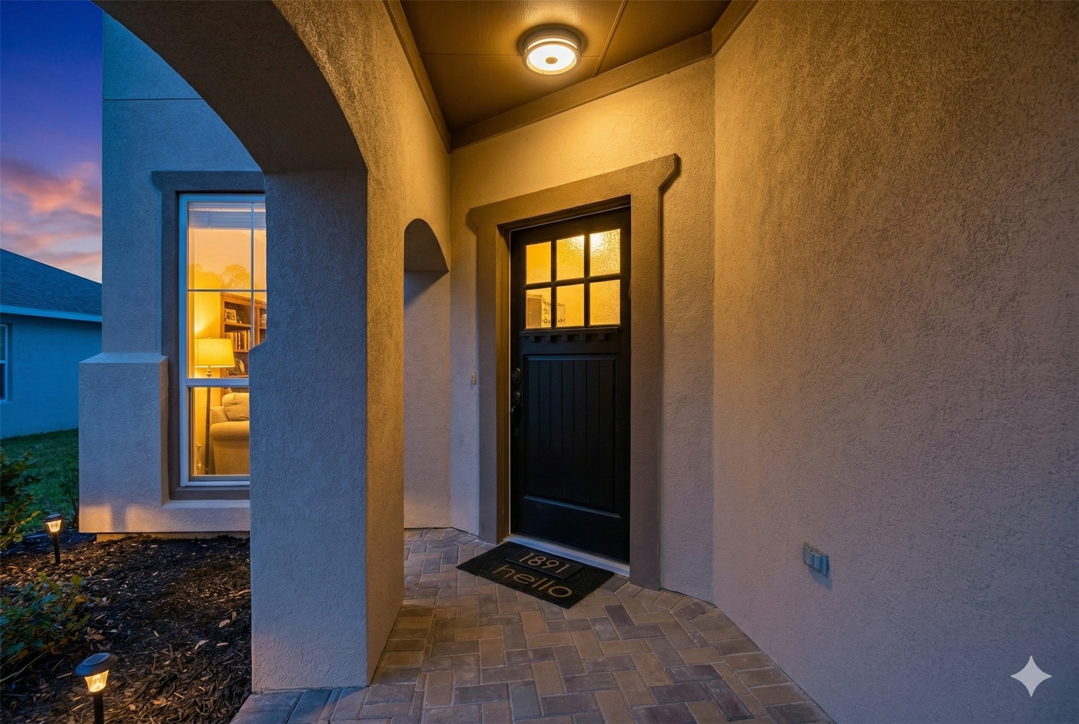 5615 Edgewood Pl Drive Spring, TX 77379 - Photo 5 of 48 Covered front porch with arched architectural details, stylish front door and soft lighting, offering a cozy and elegant entrance for guests.