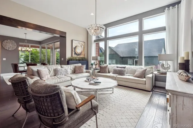 a living room with furniture a table and a large window