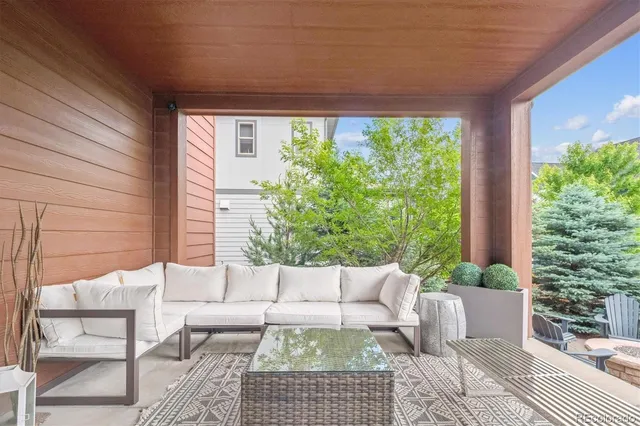 a building outdoor space with patio furniture