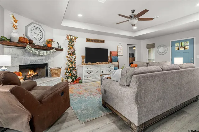a living room with furniture and a fireplace