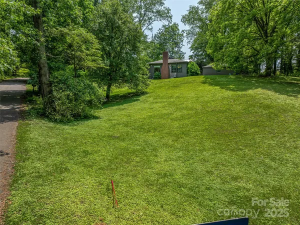 a backyard of a house with plants and large trees