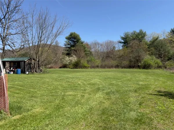 a view of a house with a yard and deck area under a large tree