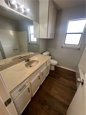 a bathroom with a sink a toilet and a mirror