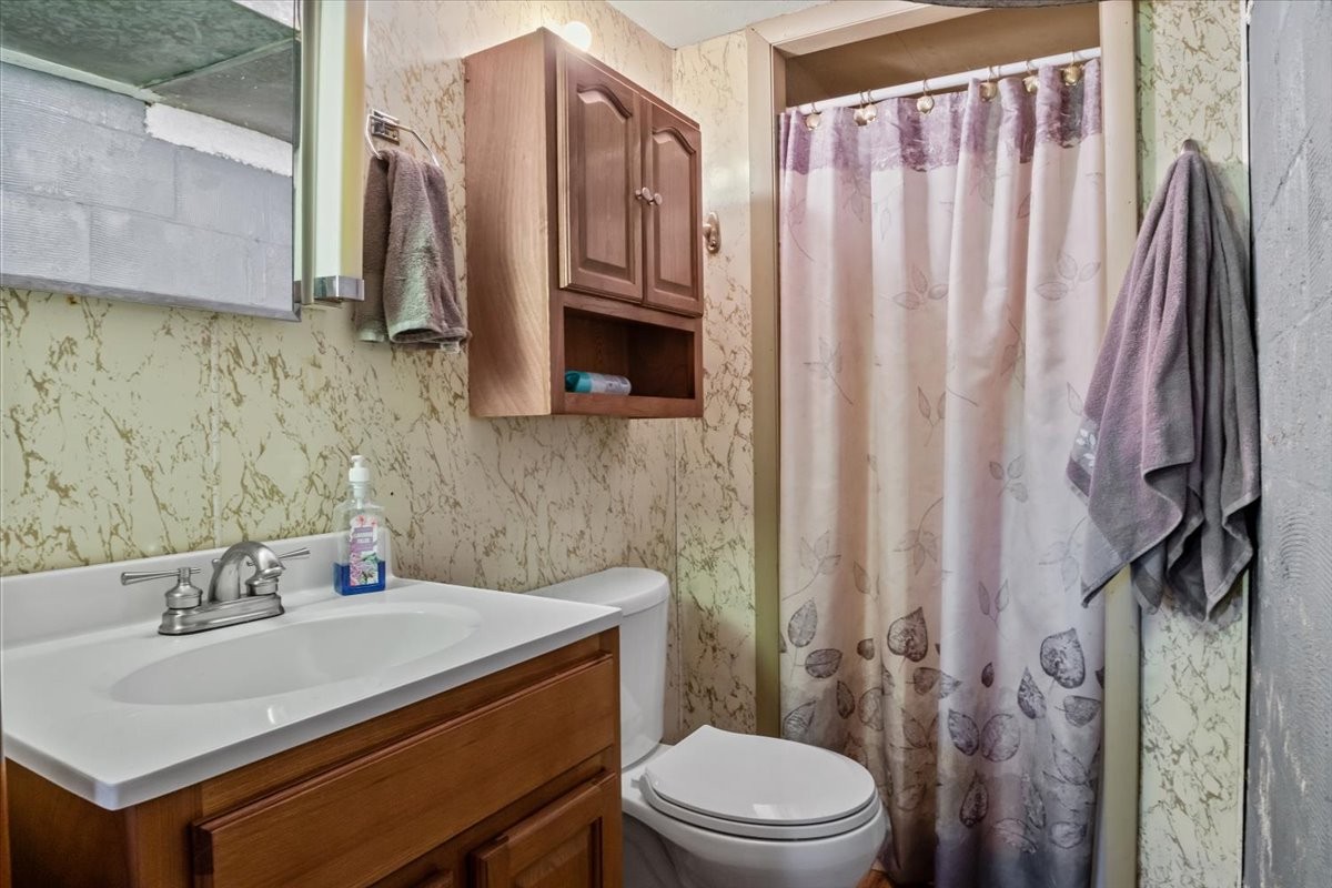 48 Hill Road Big Sandy, TN 38221 - Photo 24 of 54 a bathroom with a sink a toilet and shower curtain