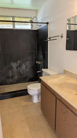 a bathroom with a granite countertop sink toilet and shower