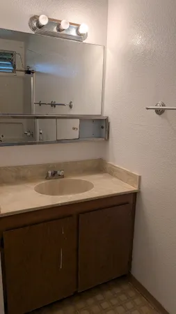 a bathroom with a sink and cabinets