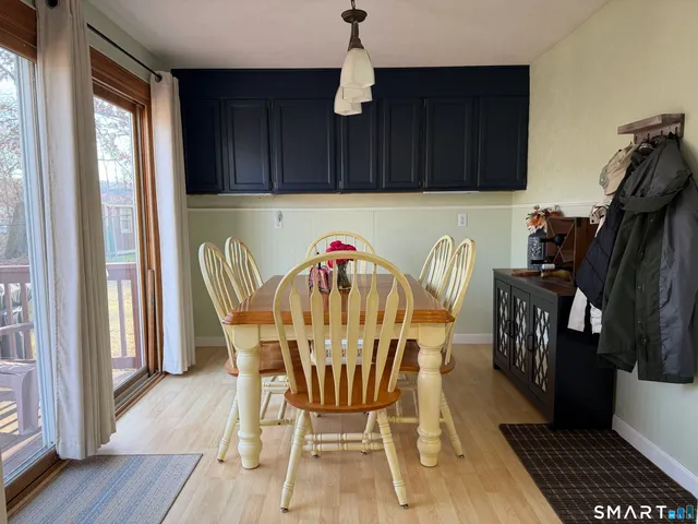 a view of a dining room with furniture and wooden floor