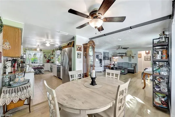 a view of a dining room with furniture