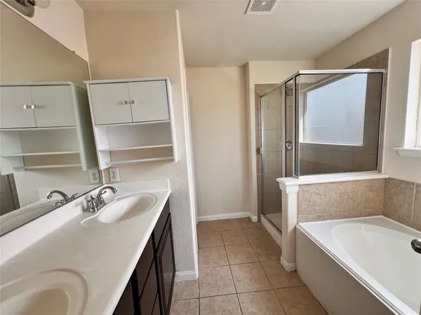 a bathroom with a tub sink and mirror