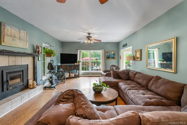 a living room with furniture and a fireplace