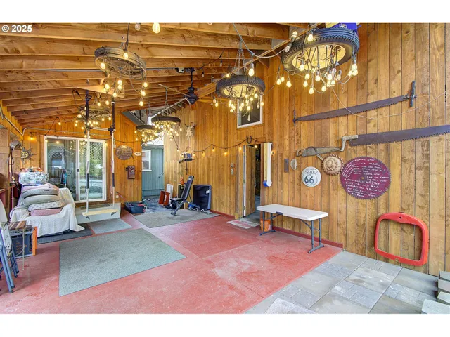 a view of a couch in front of building