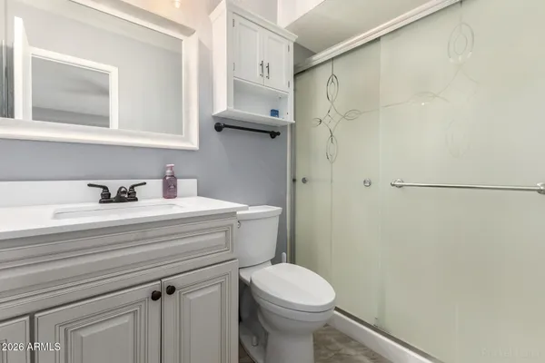 a bathroom with a sink a toilet and shower
