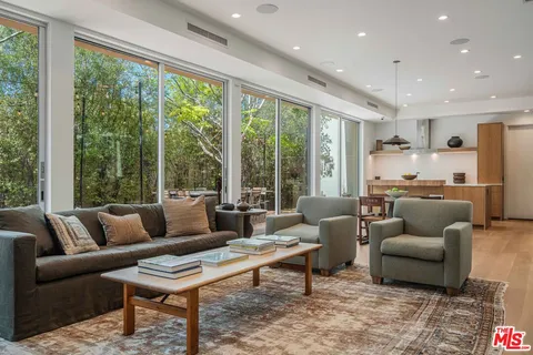 a living room with furniture potted plant and large windows