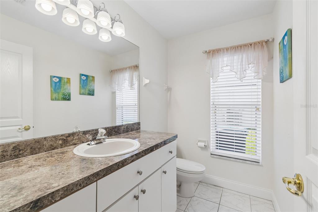 11017 Audie Brook Drive Spring Hill, FL 34608 - Photo 32 of 67 a bathroom with a granite countertop sink a toilet and a mirror