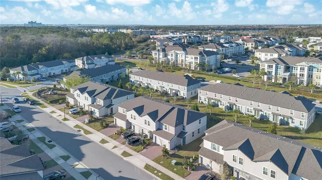 an aerial view of houses with outdoor space
