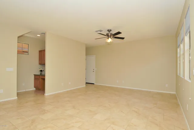 an empty room with a bathroom