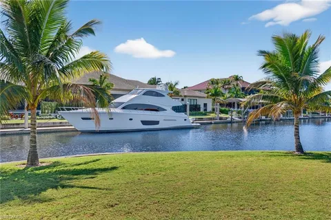 a view of a swimming pool with a lawn chairs under palm trees