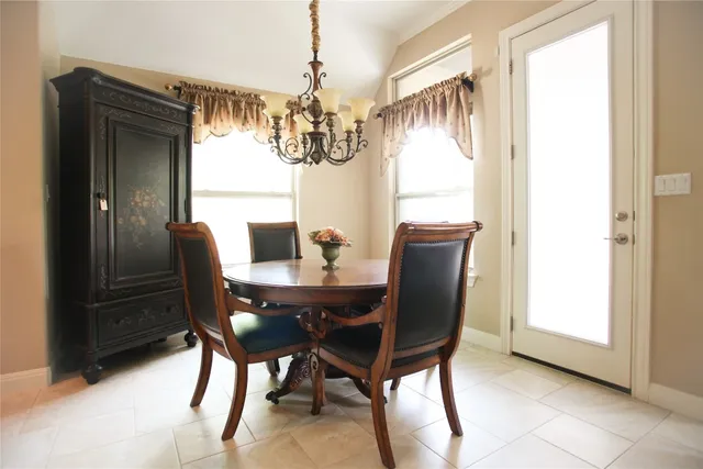 a view of a dining room with furniture and window