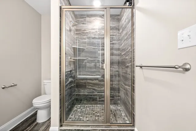 a bathroom with a shower and a toilet