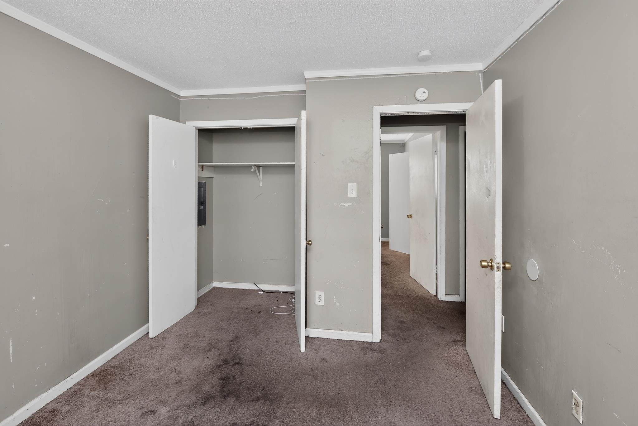 3791 Windermere Road Memphis, TN 38128 - Photo 14 of 18 Carpeted room featuring a built-in closet with bi-fold doors and overhead shelving, light gray wall paint, and white trim molding