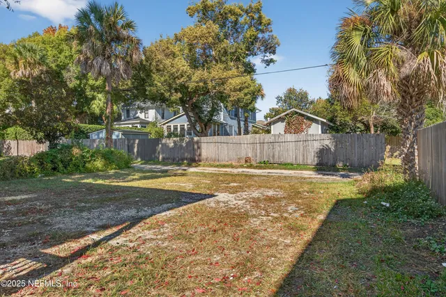 a view of a yard with a large tree