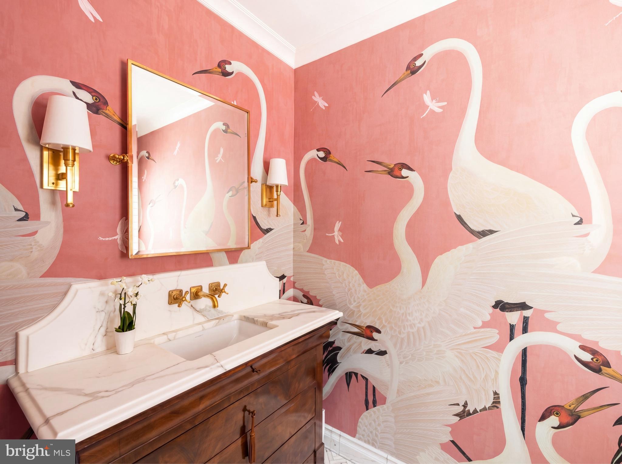 1704 Russell Road Alexandria, VA 22302 - Photo 19 of 44 Powder Room w/ Gucci wallpaper and Calcutta Gold