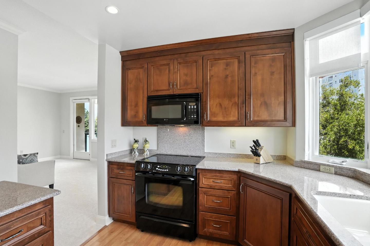 10 Crystal Springs Road, Unit 2414 San Mateo, CA 94402 - Photo 9 of 33 a kitchen with stainless steel appliances granite countertop a sink stove and microwave