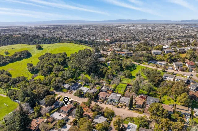 an aerial view of residential houses with outdoor space