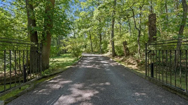 a view of a park that has large trees