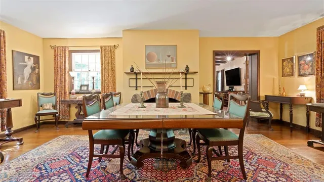 a view of a dining room with furniture