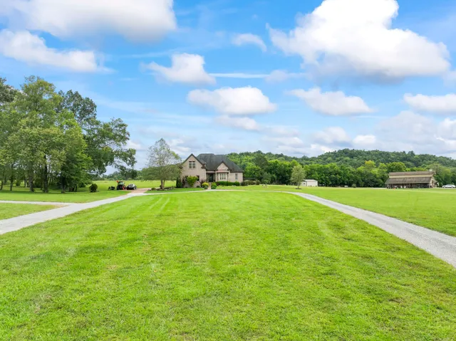 a view of a town with large trees and a big yard