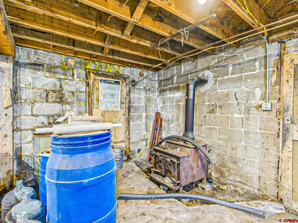 a view of a room with wooden roof