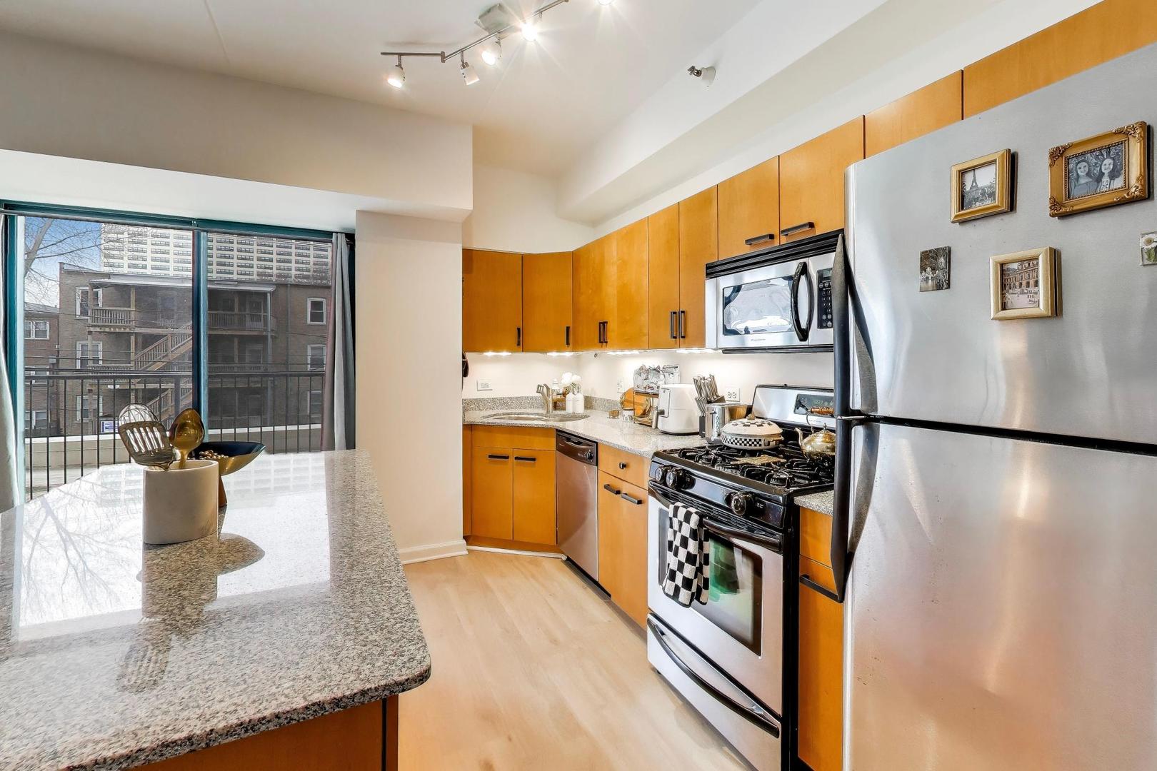 4848 North Sheridan Road, Unit 203 Chicago, IL 60640 - Photo 11 of 32 a kitchen with stainless steel appliances granite countertop a refrigerator a stove and a sink with wooden floor