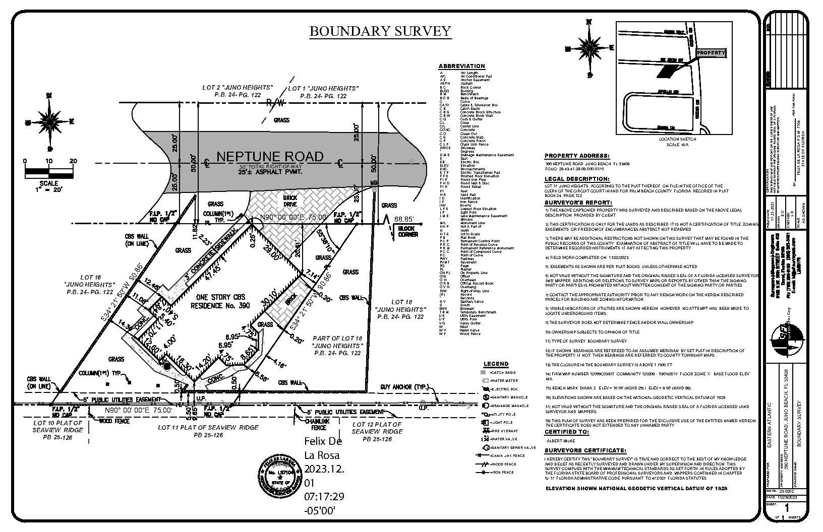 390 Neptune Road Juno Beach, FL 33408 - Photo 31 of 32 Boundary Survey Lot 17 12.01.23