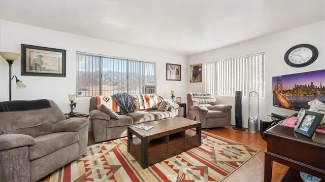 a living room with furniture a rug and a window