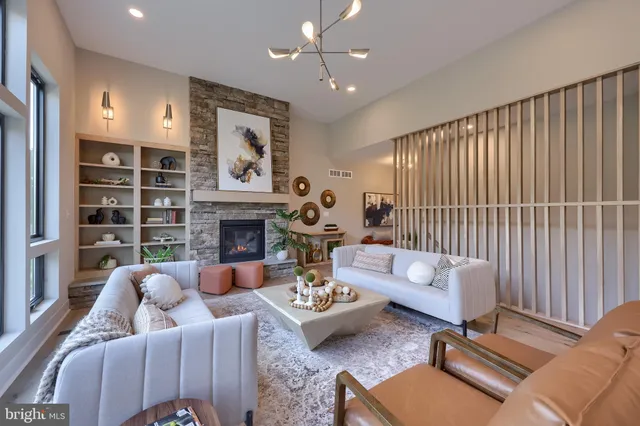 a living room with furniture flower pot and a fireplace