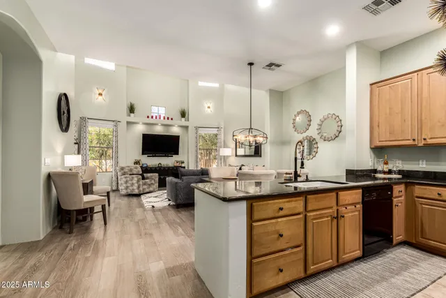 a large kitchen with cabinets