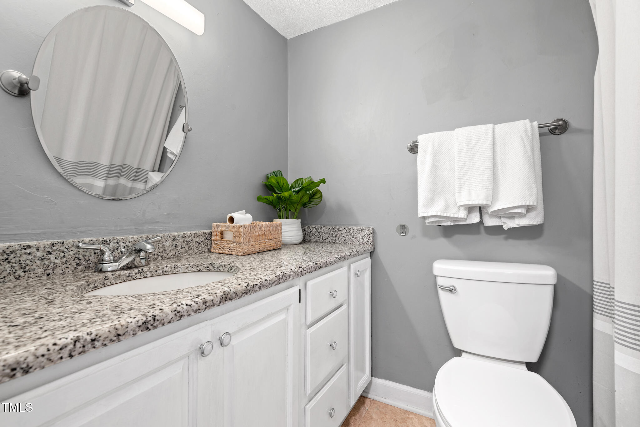 5084 Flint Ridge Place Raleigh, NC 27609 - Photo 14 of 23 a bathroom with a granite countertop toilet sink and mirror