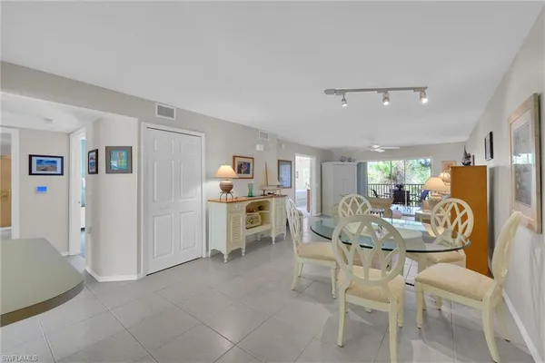 a view of a dining room with furniture