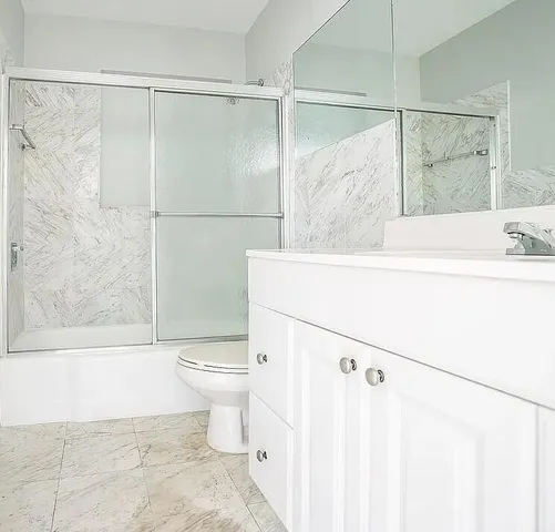 a bathroom with a shower and a toilet