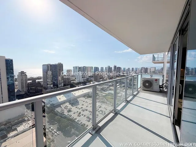a view of a balcony with city view