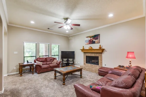 a living room with furniture and a fireplace