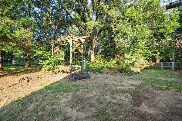 a view of a yard with plants and trees