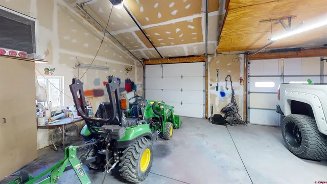 a view of a garage with storage
