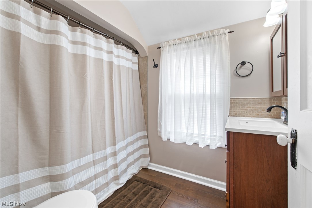 4206 Silsby Road Cleveland, OH 44118 - Photo 21 of 32 Bathroom featuring backsplash, light hardwood floors, mirror, and vanity