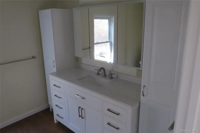 a bathroom with a sink and a window