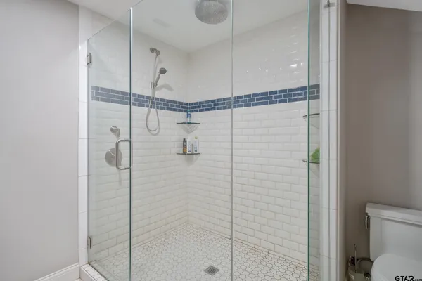 a bathroom with a shower and toilet